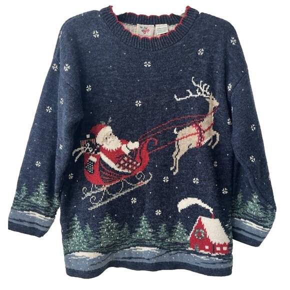 Vtg Nutcracker size S Grandmacore Ugly Christmas Sweater Santa Sleigh 39" Chest - Picture 1 of 10